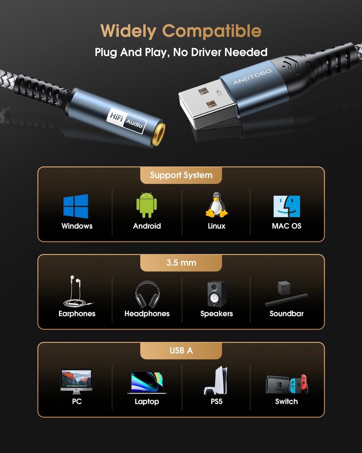 Adaptador de conector de audio USB a 3,5 mm, tarjeta de sonido estéreo externa Adaptador de conector de audio con convertidor estéreo de 3,5 mm para auriculares, altavoz, PS4, PC, computadora portátil
