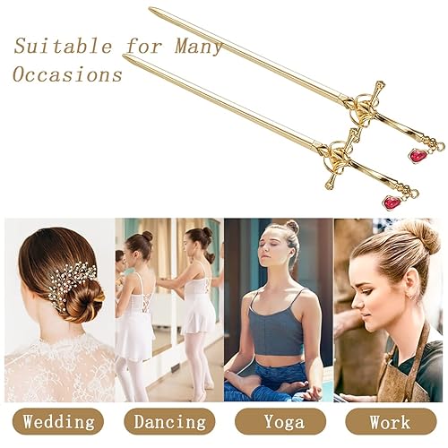 Miniatura 6 de Paquete de 2 palitos de espada china con borlas para el cabello para mujer, moños con espada de gemas para el cabello (dorado)