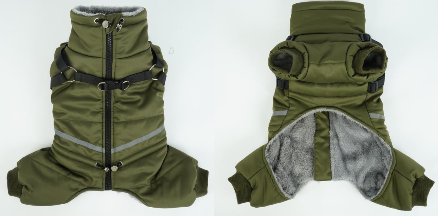 Dog Winter Coat Waterproof, Puppy Down Jacket Dog Puffer Coat Cold Weather Fullbody Snowsuit Warm ChihuahuaCoat with Harness Winter Windproof Soft Fleece Vest(Army green,S) — image 1