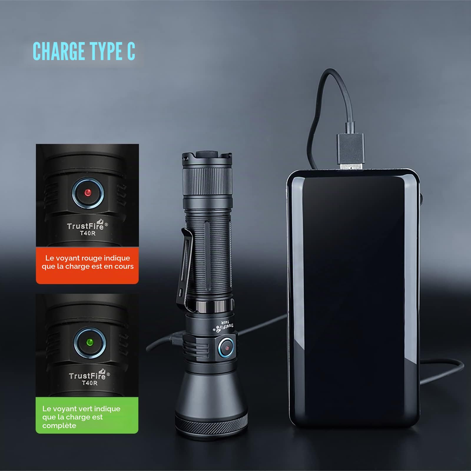 TrustFire T40R Lampe de poche LED, 1800 Lumens, Rechargeable USB, Tactique militaire, Étanche IP68, Portée 550m Torche Puissante, Double Interrupteur, pour Chasse et Camping Randonnée Recherche