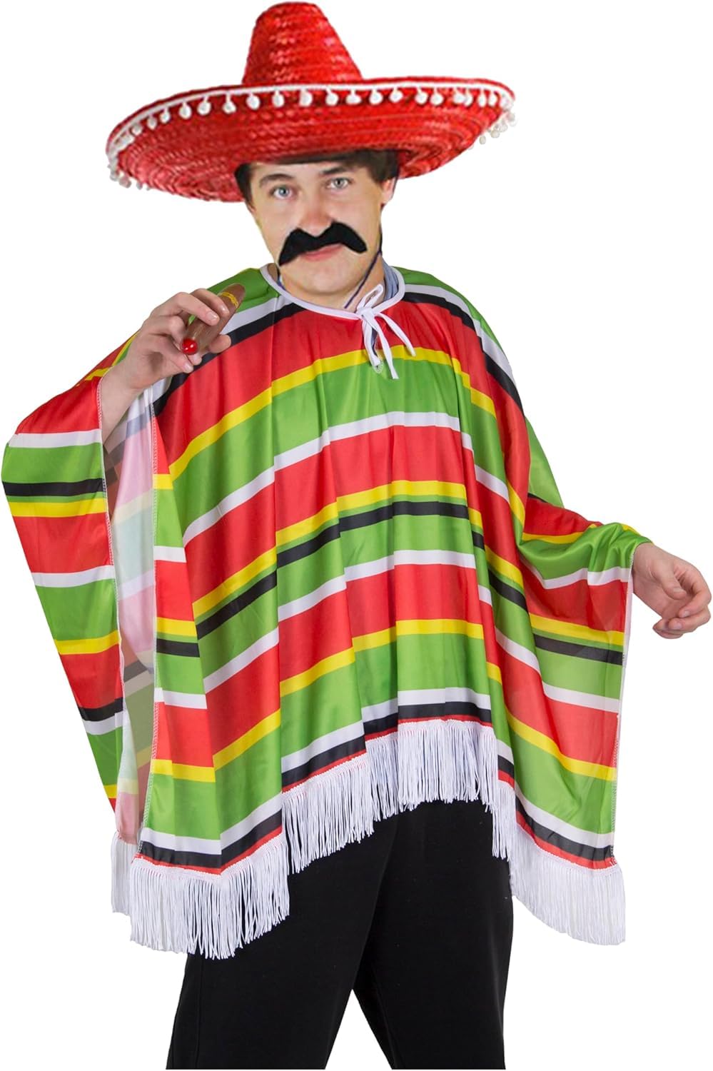 I LOVE FANCY DRESSAdults Mexican Fancy Dress Costume Set – Colourful Poncho, Red Sombrero, Fake Cigar & Moustache – Fiesta Party Outfit for Cinco de Mayo & Costume Events