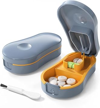 Pill Cutter Splitter for Small and Tiny Pills - 1/2 Accurately Cuts -Easy Open Snap Button.Wrap-Around Blade Guard Prevents Cuts. Detachable V-Shaped Pad. Back StorageBlue