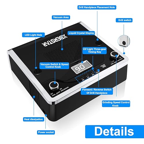 Miniatura 10 de XBERSTAR Colector de polvo de uñas, 54 LED 108 W, 4 en 1, ventilador eléctrico de succión para uñas de gel acrílico, kit de lima de uñas, kit