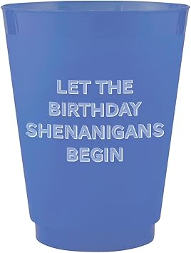 Slant Birthday Party Supplies Plastic Cups - 8-Count Reusable Frosted Drink Glasses, 16-Ounce, Shenanigans