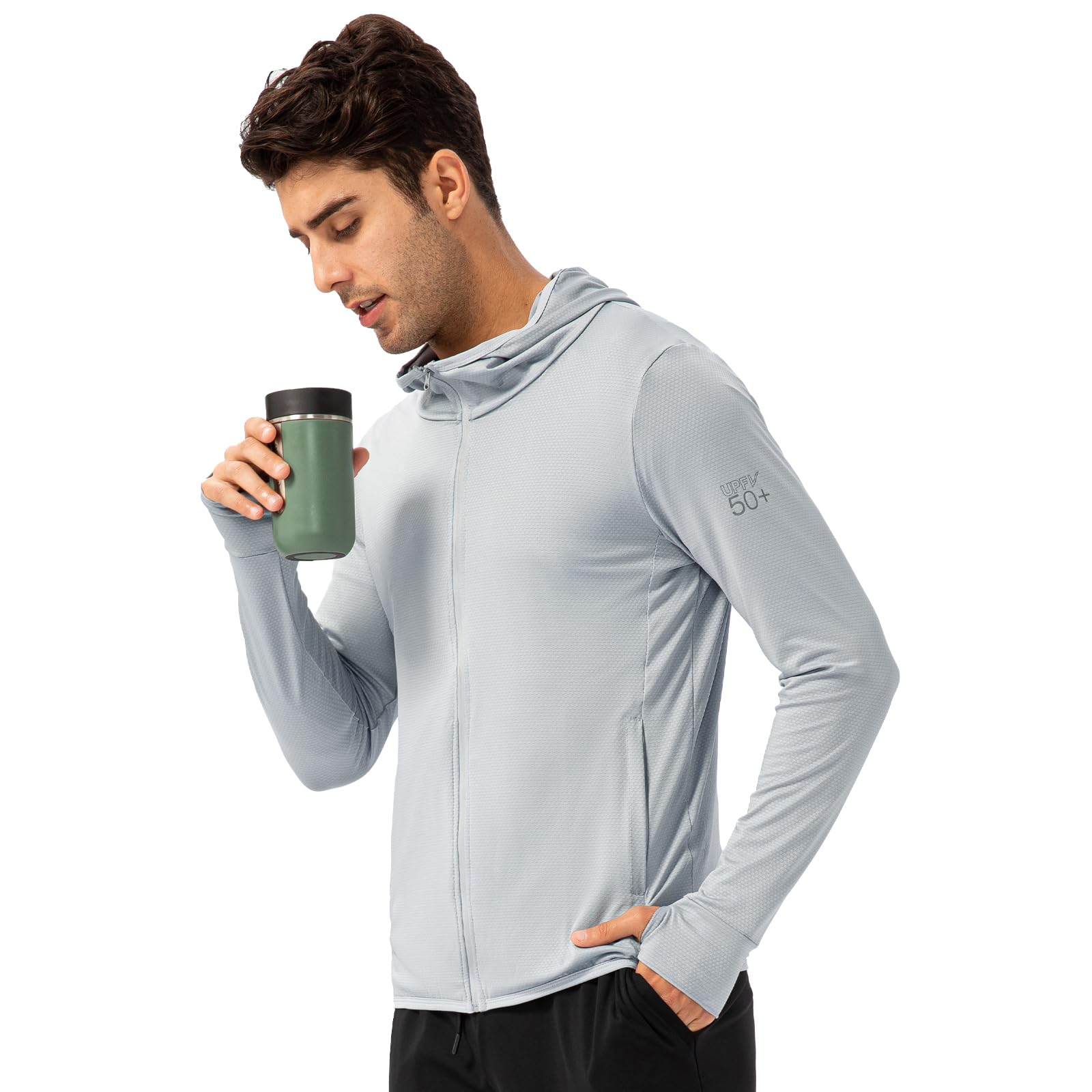 Cremallera Completa para Hombre UPF 50+ UV protección Solar Chaqueta De Manga Larga con Capucha Sun Shirt Secado RáPido Sudaderas con Capucha De Peso Ligero para Los Hombres Pesca Running