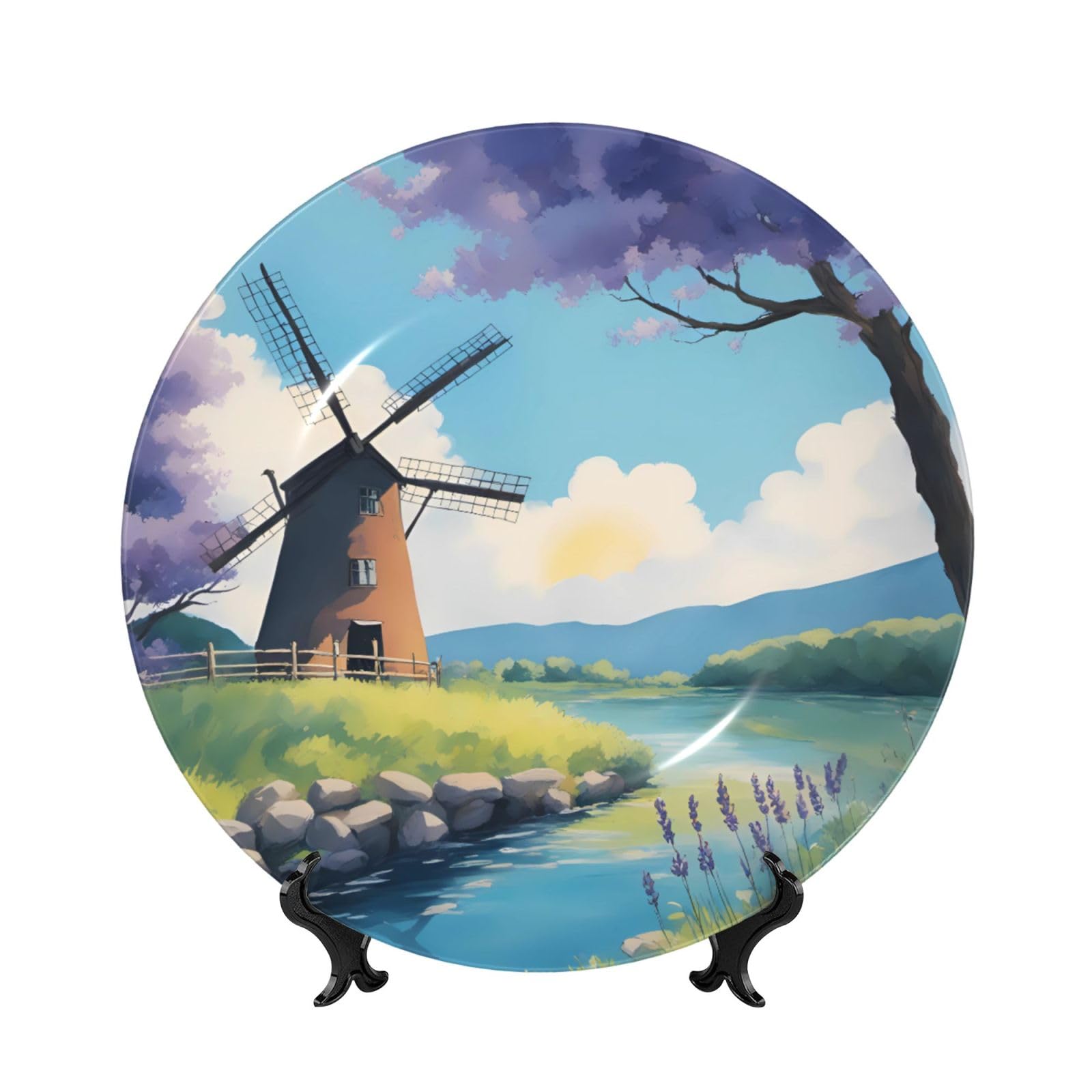 SXZVVBN beautiful river windmill Bone China Decorative Plate Art with Stand Removable Adhesive Hanging for Home Office 7in