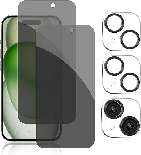 Pehael Paquete de 2+2 Protector de pantalla de privacidad para iPhone 15 Plus con protector de lente de cámara, cobertura completa, película de