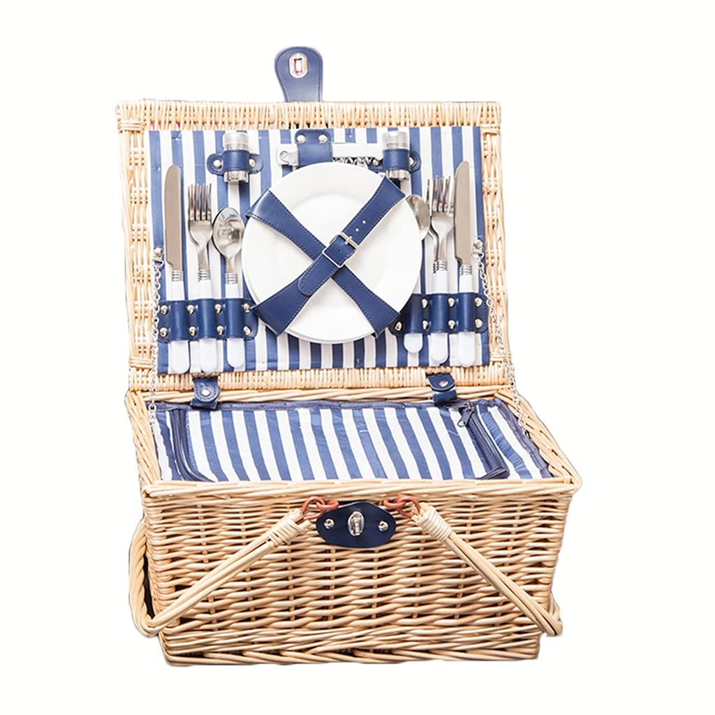 cestino da picnic, Cestino da picnic bianco, cestino da picnic con posate, borsa isolante, manici pieghevoli, cestino da picnic for 4 persone(Natural+stripes)