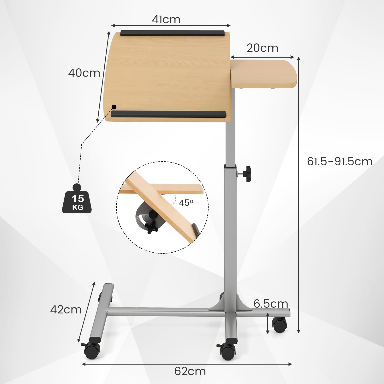 COSTWAY Table de Lit a Roulette pour Ordinateur Portable, 60 x 40 cm, Bureau Debout Tablette et Hauteur Réglable, Table d'Appoint Canapé en Forme de C, pour Hôpital, Handicapés, Manger