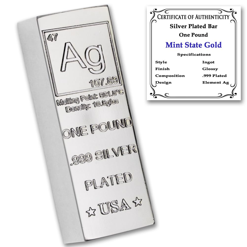 1 lb Silver Plated Bar (Trapezoid Ingot) .999 Pure Paperweight - Element Design with Certificate of Authenticity