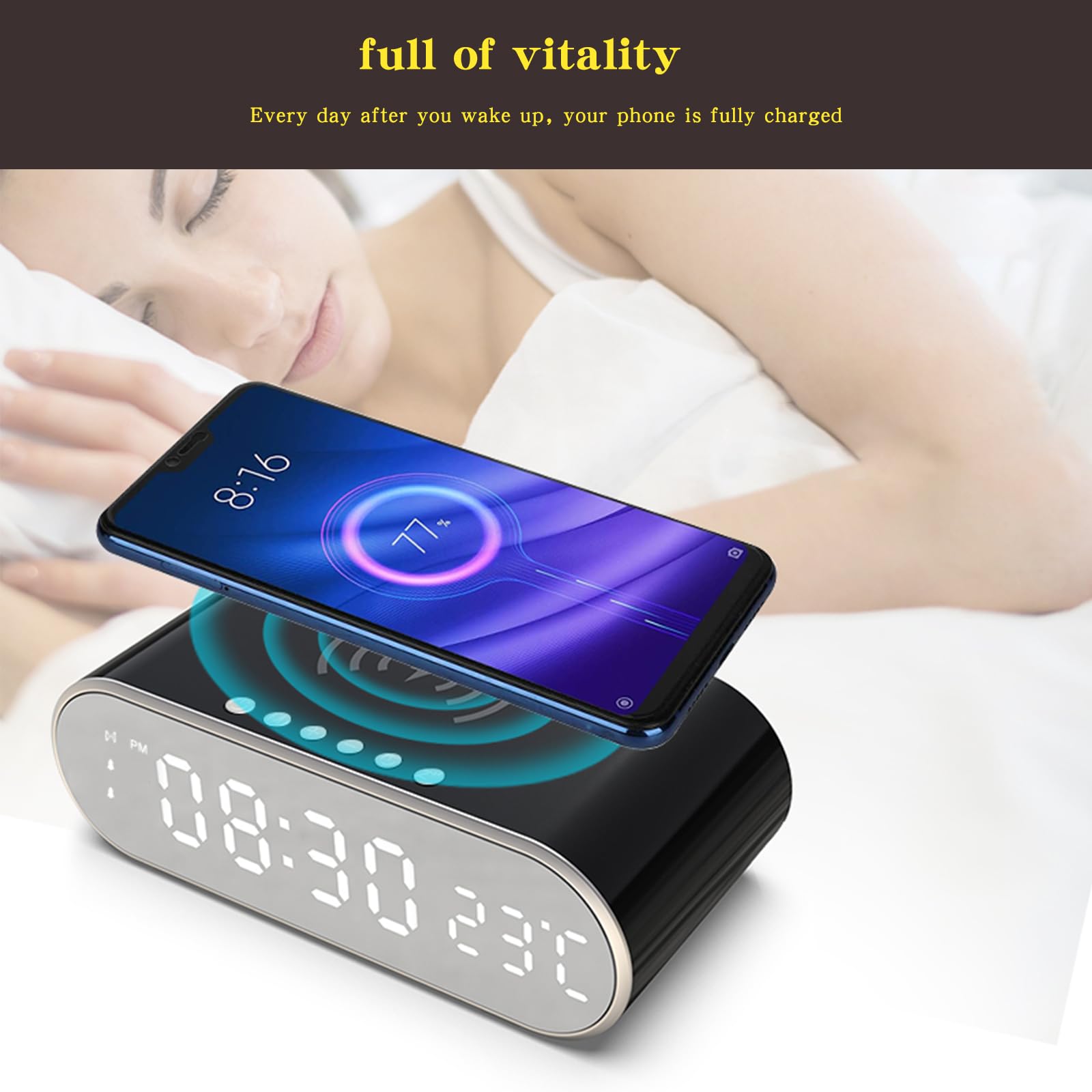 Sveglia per camere da letto con caricabatterie per telefono, piccolo orologio digitale da tavolo con visualizzazione della temperatura, sveglia con stazione di ricarica wireless, sveglia carina con