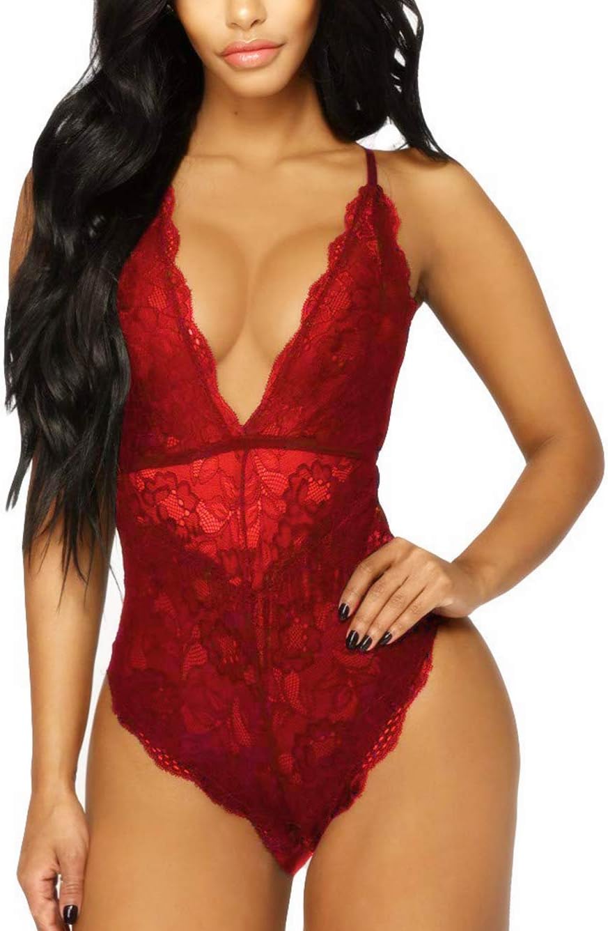 Kaei&Shi V-Neck See Through Lingerie Floral Lace Babydoll Sexy Lingerie For Women One Piece Bodysuit (Burgundy, Medium)