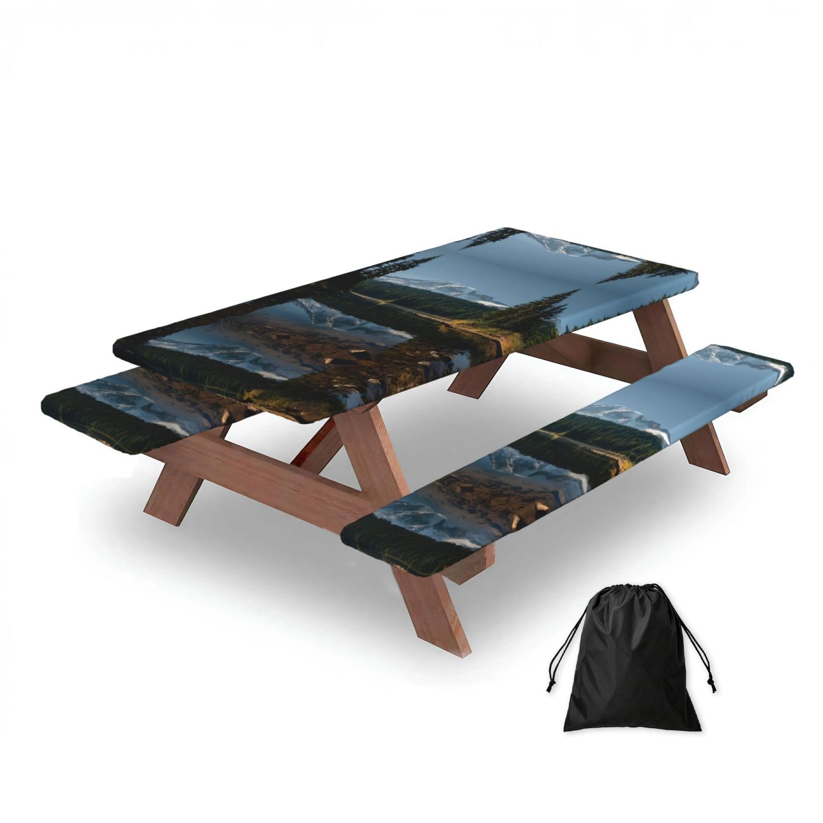 ESNAIUVCD Reflection Lake Print Picnic Table Cover With Bench Covers,Camping Essentials,Fitted Tablecloth Cover With Elastic Edge, For Indoor & Outdoor 3 Pcs