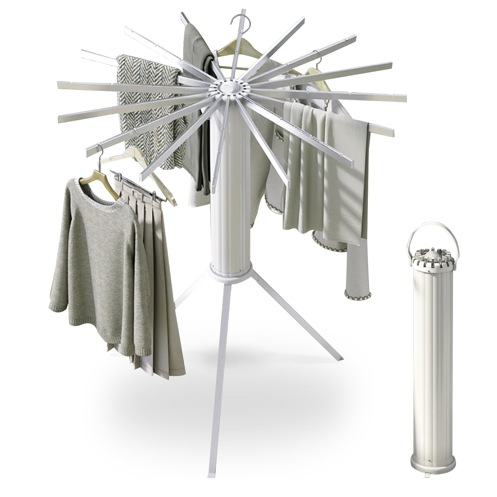 DAYONG Tripod Clothes Drying Rack, Aluminum Laundry Drying Rack with 16 Rotatable Rods, Foldable Portable Garment Rack for Indoor Outdoor, Space Saving, Load-bearing 40kg (White)