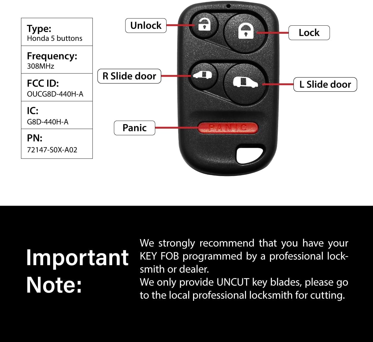 Car Key Fob Remote Keyless Entry Control OUCG8D-440H-A 308MHz 5 Button Replacement for 2001-2004 Honda Odyssey - 2 Pack