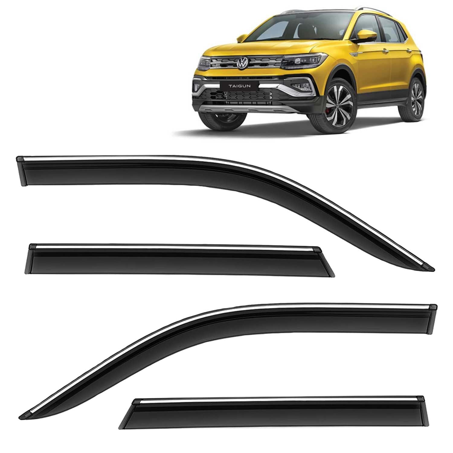 KINGSWAY Accessories Chrome Lining Door Visor Only Compatible with Volkswagen Taigun Year 2021 Onwards All Model, Premium Chromeline Unbreakable Car Rain Guard Side Rear Wind Deflectors, Set of 4 Pcs