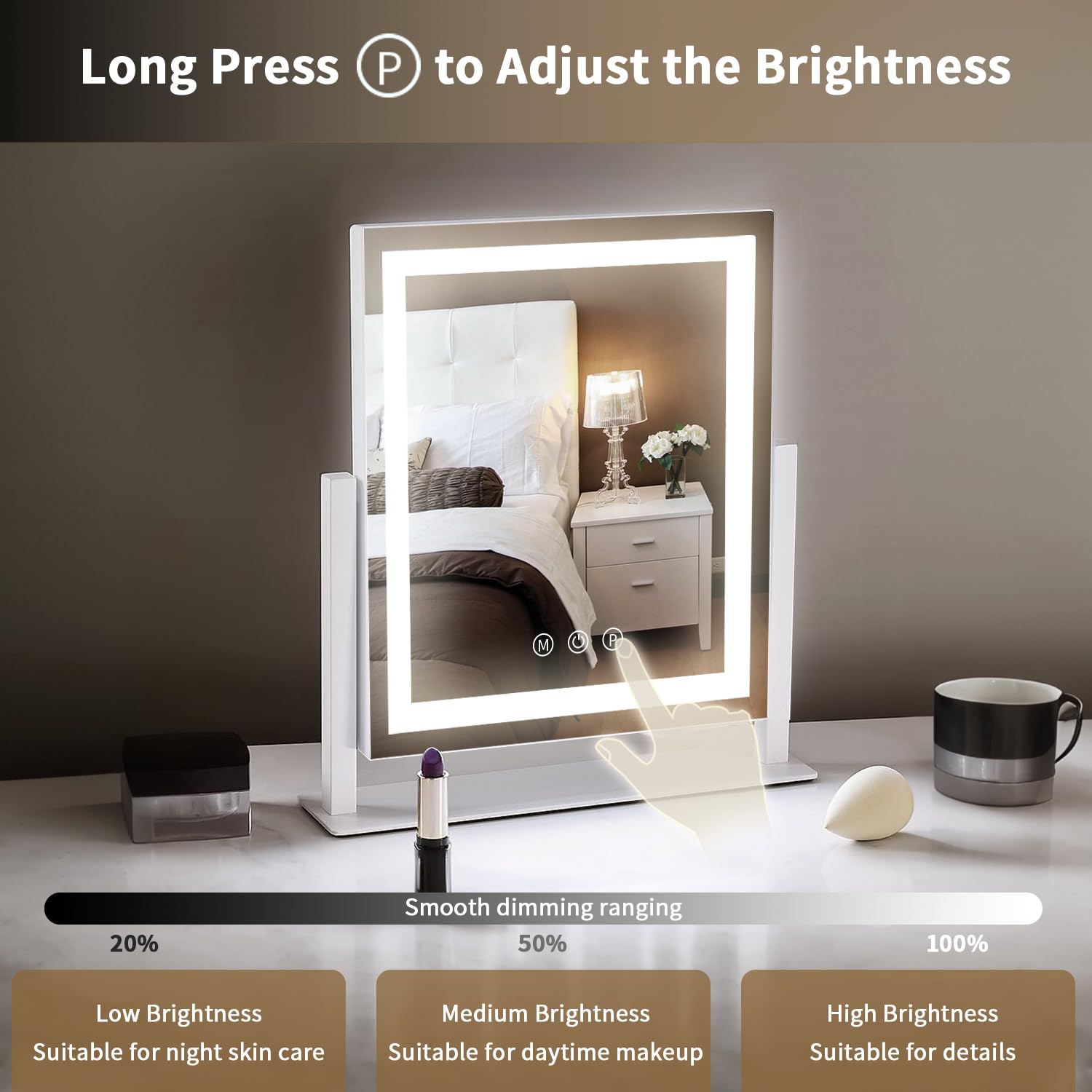 Lighted Makeup Mirror with Smart Touch, 3 Light Modes & Stepless Dimming