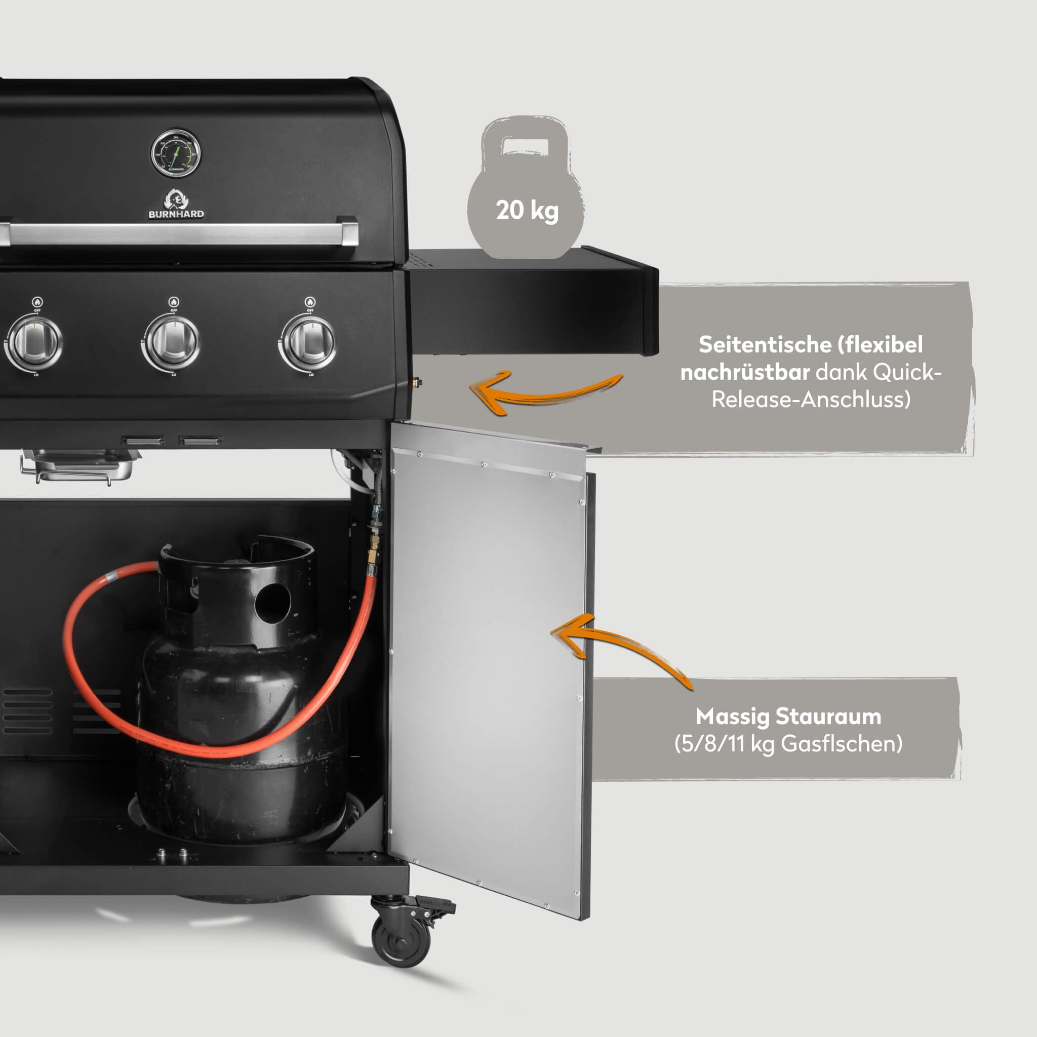 BURNHARD® Gasgrill 3-Brenner, 9,6 kW, Edelstahl-Stabbrenner, Piezo-Zündung, Gussrost, große Grillfläche, stabile Alu-Seitenteile – FRED Base