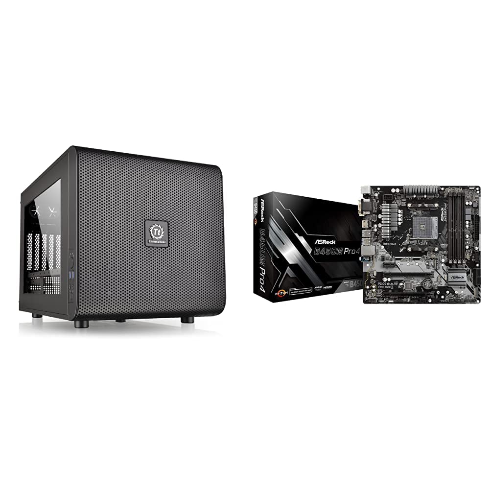 Thermaltake Core V21 SPCC Micro ATX, Mini ITX Cube Gaming Computer Case Chassis, Black & ASRock B450