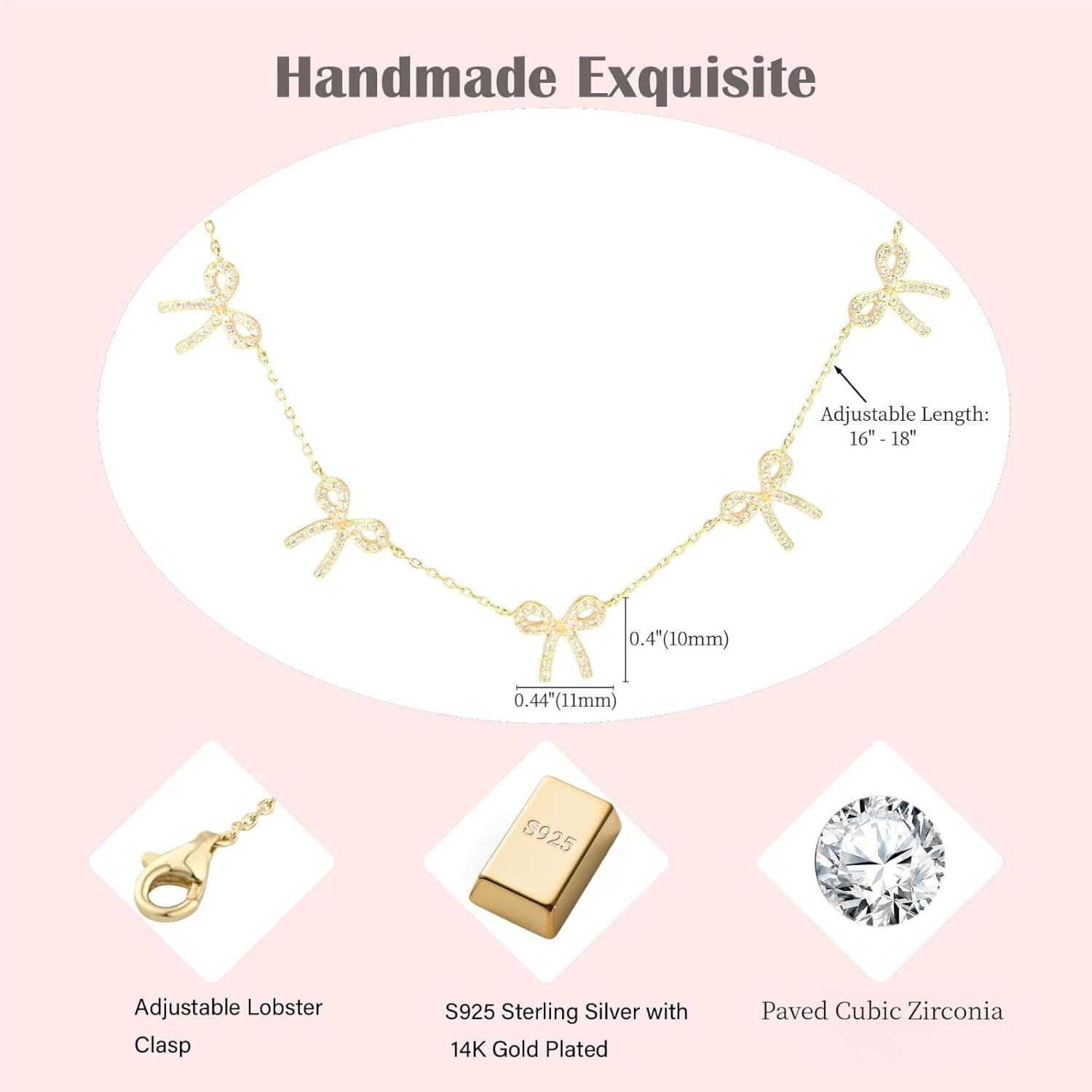 Valentines Day Gifts, 5 Bow Necklace for Women, Dainty S925 Sterling Silver 14K Gold Plated Chain with Sparkling Cubic Zirconia Charms, Elegant Stacked Charm Jewelry Gift for Her - Image 4