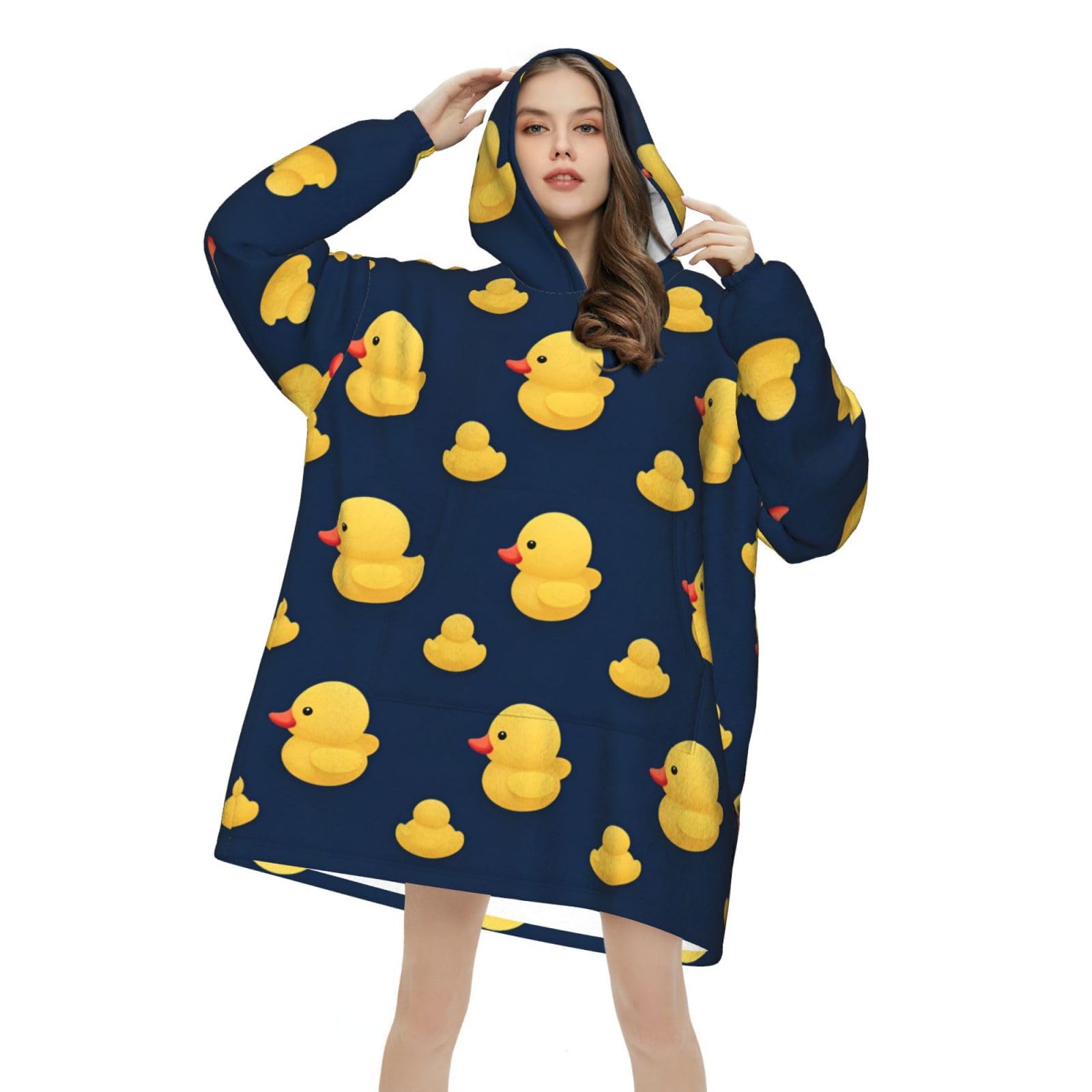 Snuggle Blanket Hoodie, Flannel Oversized Pullover with Hood and Pouch, Cosy Wearable Throw for Men & Women, Ducks Pattern