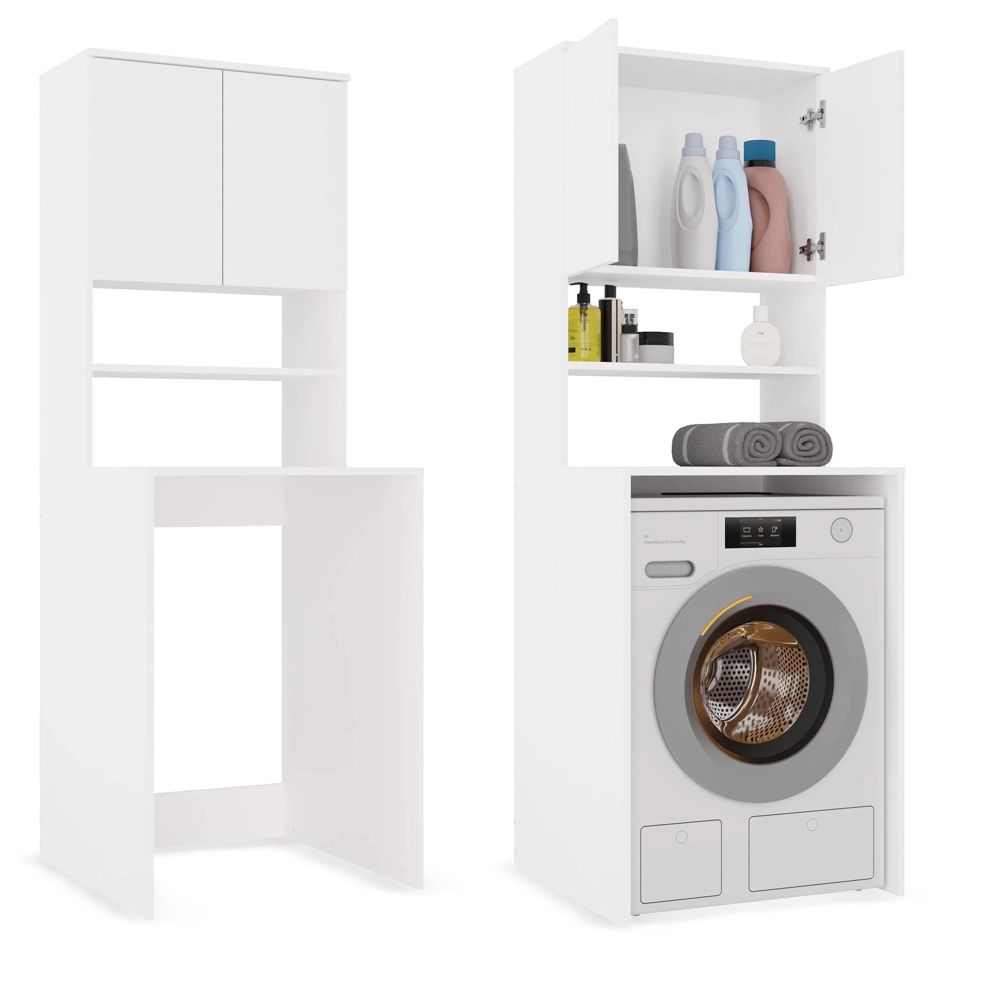 CDF Armario de baño poste para lavadora y detergentes - Estante de baño de lavandería - Muebles para accesorios de baño Medidas de limpieza funcional práctico - Ahorro de espacio - Campos Blancos