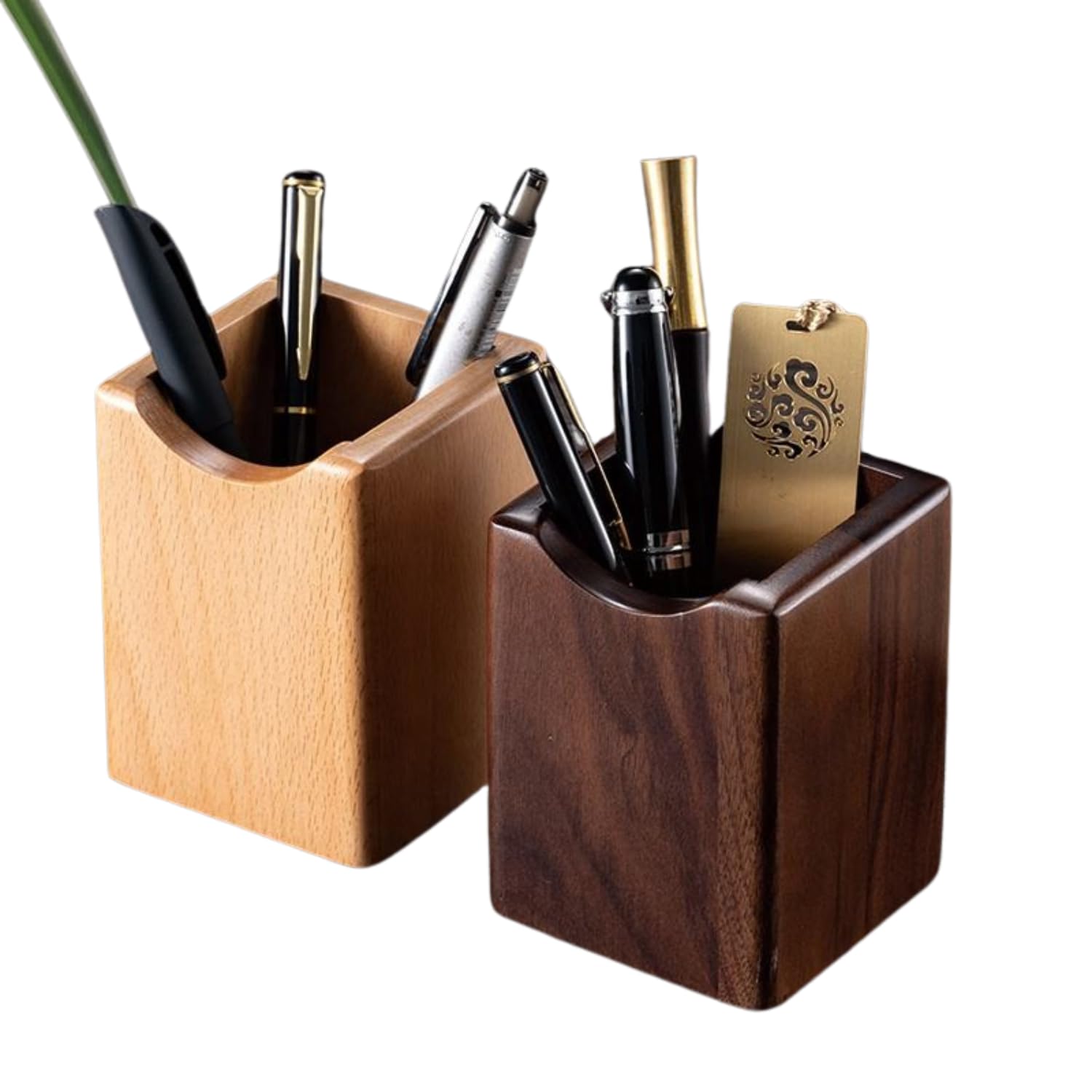 SHOPUKASA Wooden Pen Holder for Desk, 2 Pack — Natural Wood Pencil Pot & Makeup Brush Holder, Handcrafted Beech or Walnut Desk Organiser, Multi-Purpose Stationery Cup for Office, Home, Vanity (1B+1W)