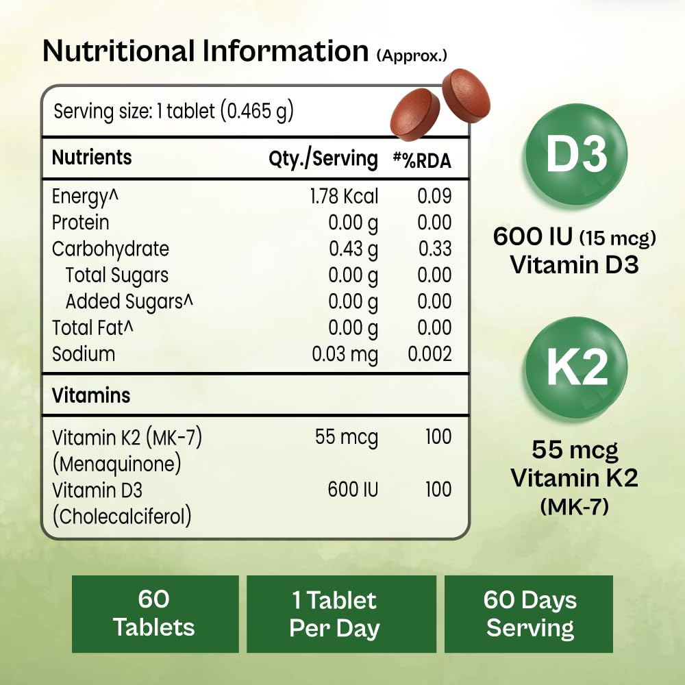 Tata 1mg Vitamin D3 + K2 (MK-7) | Supports Stronger Bones, Immunity & Calcium Absorption | 600 IU Vitamin D3 + 55 mcg K2 | Lichen Sourced, 100% Veg (60 Tablets) 3