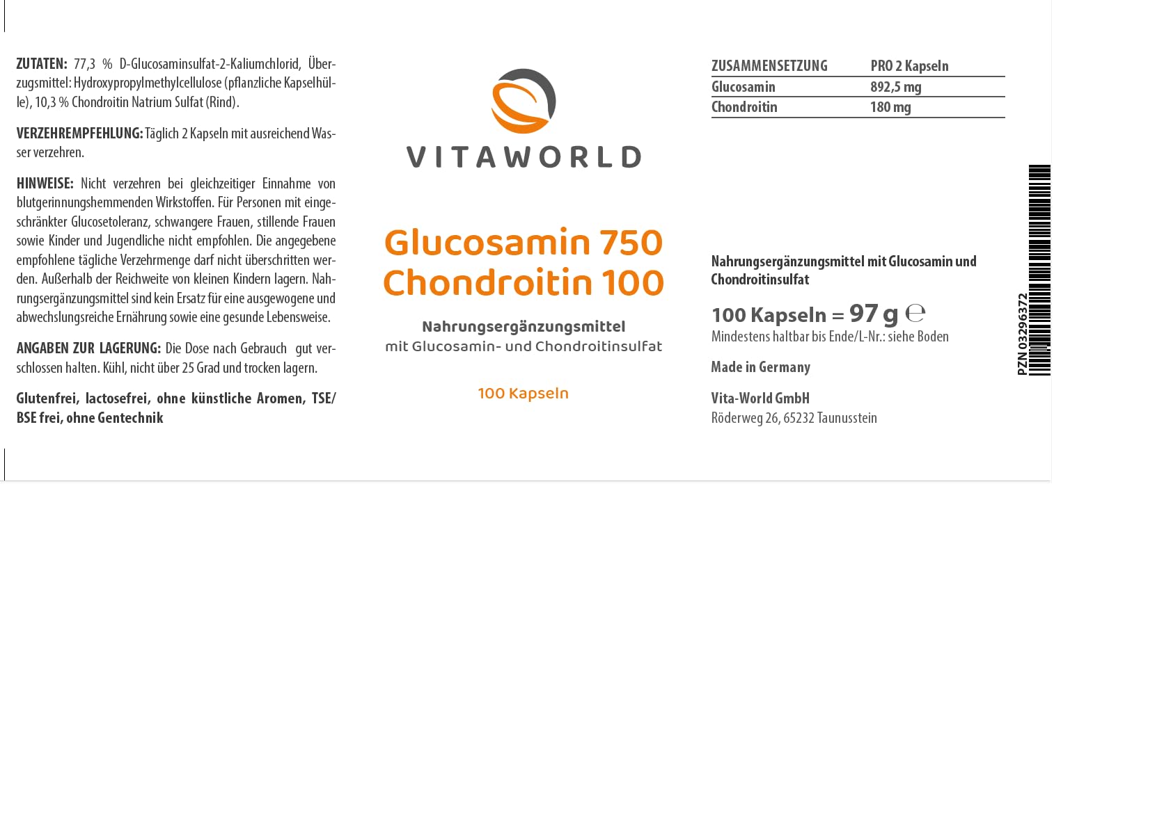 3er Pack Vita World Glucosamin 750mg Chondroitin 100mg 3 x 100 Kapseln Apotheken Herstellung