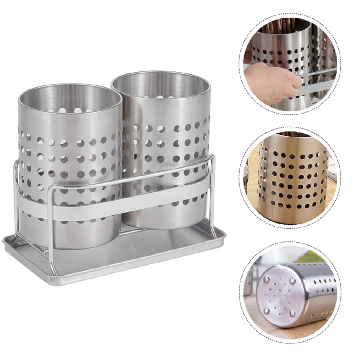 1juego Organizador de Cubiertos de Encimera de Acero Inoxidable con Doble Cilindro Extraíble y Drenaje para Utensilios y Palillos Soporte Práctico y Resistente para Cocina