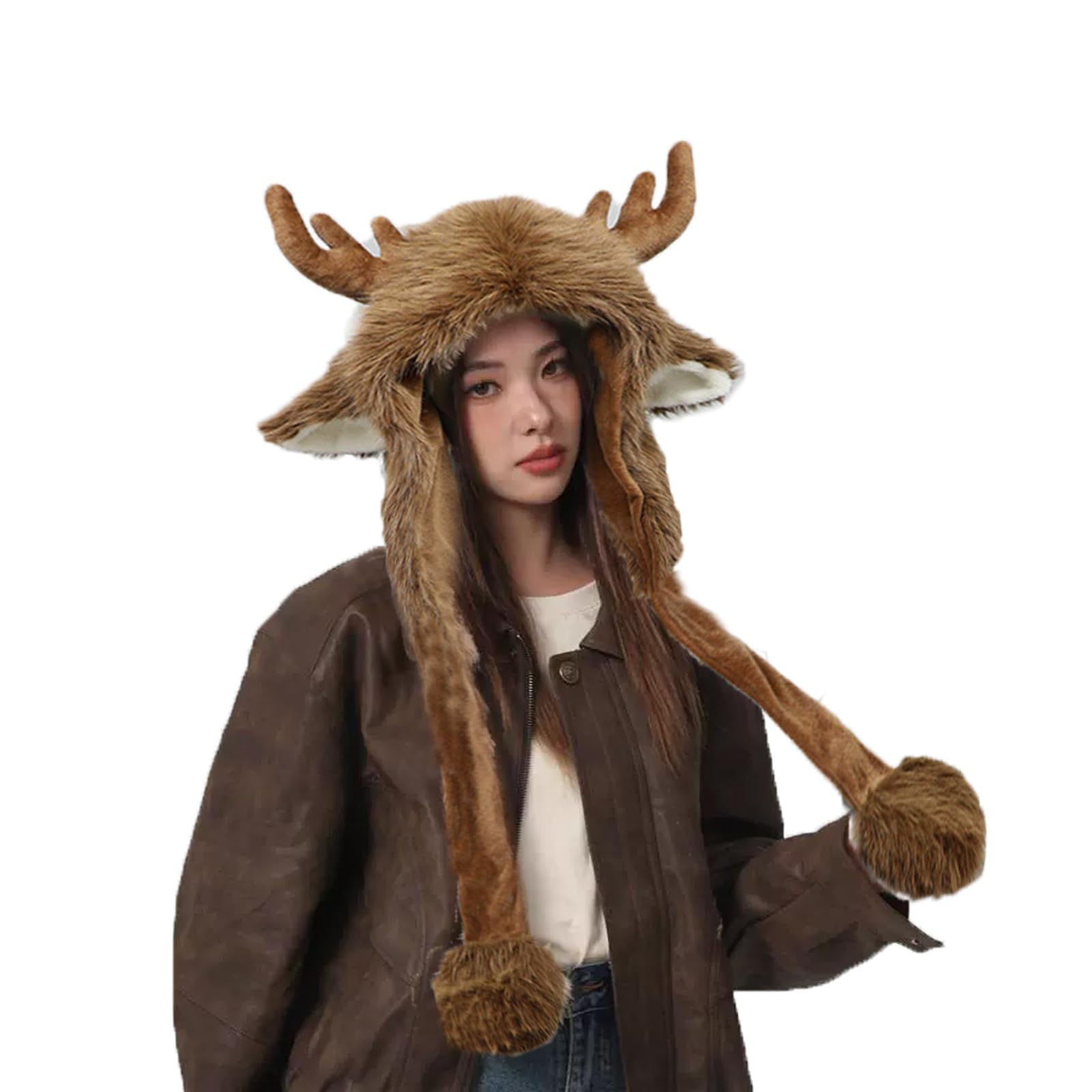 Fuzzy Faux Fur Moose Hooded Hats Men Women Teens Cosplay Halloween Lolita Elk Ear Headwear Funny Animal Theme Earflap Skull Caps Christmas Reindeer Costume Full Hood Hat Supplies