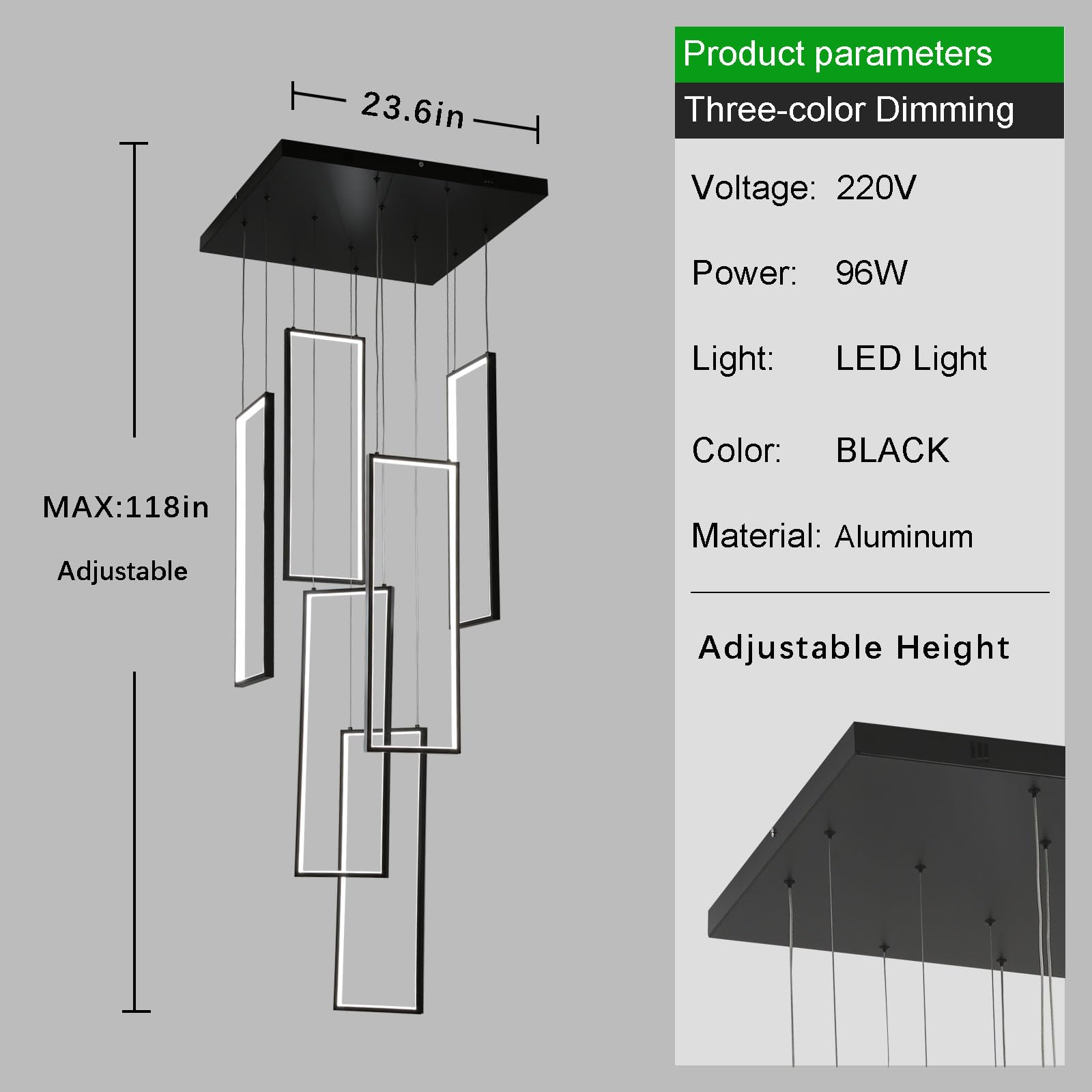 Treppenhaus Kronleuchter Modern,300Cm Hoch Schwarz Led Pendelleuchte,6 Rechteckige Dimmbar Dekoratives Hängeleuchte FüR Villa Treppe Esszimmer Wohnzimmer,Hohe Decken Pendellampe LüSter