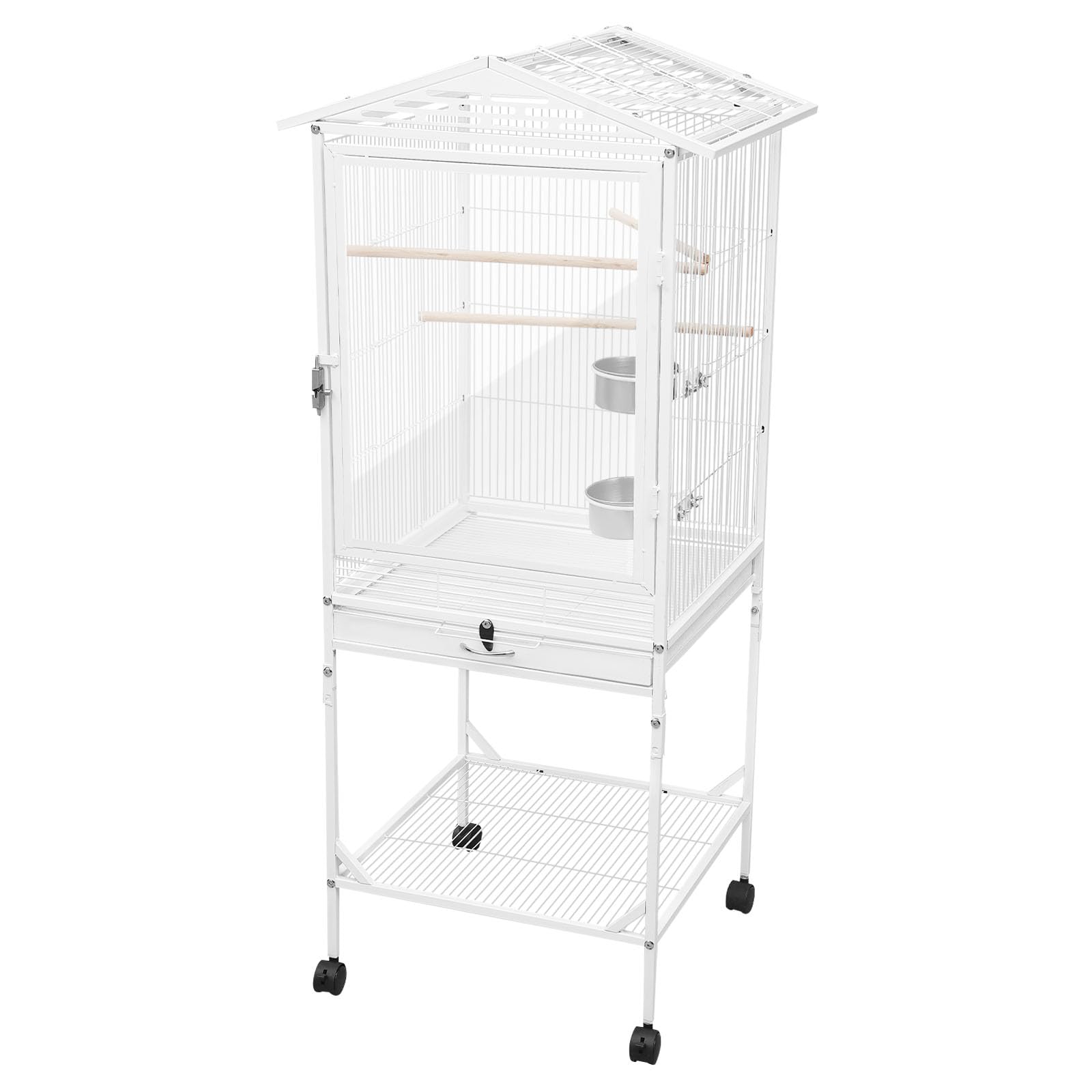 Vogelkäfig mit Rollen Käfig für Papageien 46 x 46 x 136 cm Großer Käfig für Papageien Nymphensittiche Wellensittiche, Vogelvoliere mit Ständer & Ablagefach, Weiß