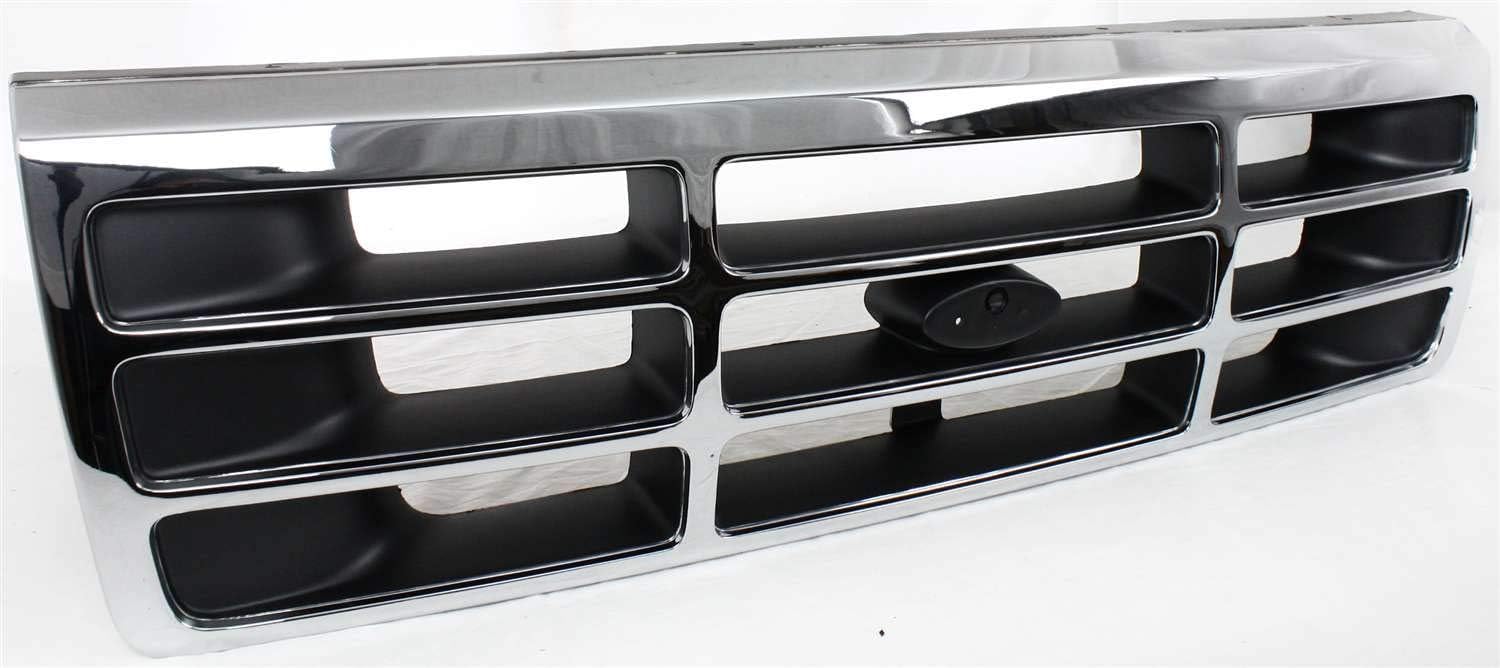Garage-Pro Grille Assembly for Ford F-150 F-250 Bronco 1992-1996 fits 1992-1997 F-350 Chrome w/Gray Fits Custom Eddie Bauer Lightning Special XL XLT & XLT Lariat Replaces# F4TZ8200A