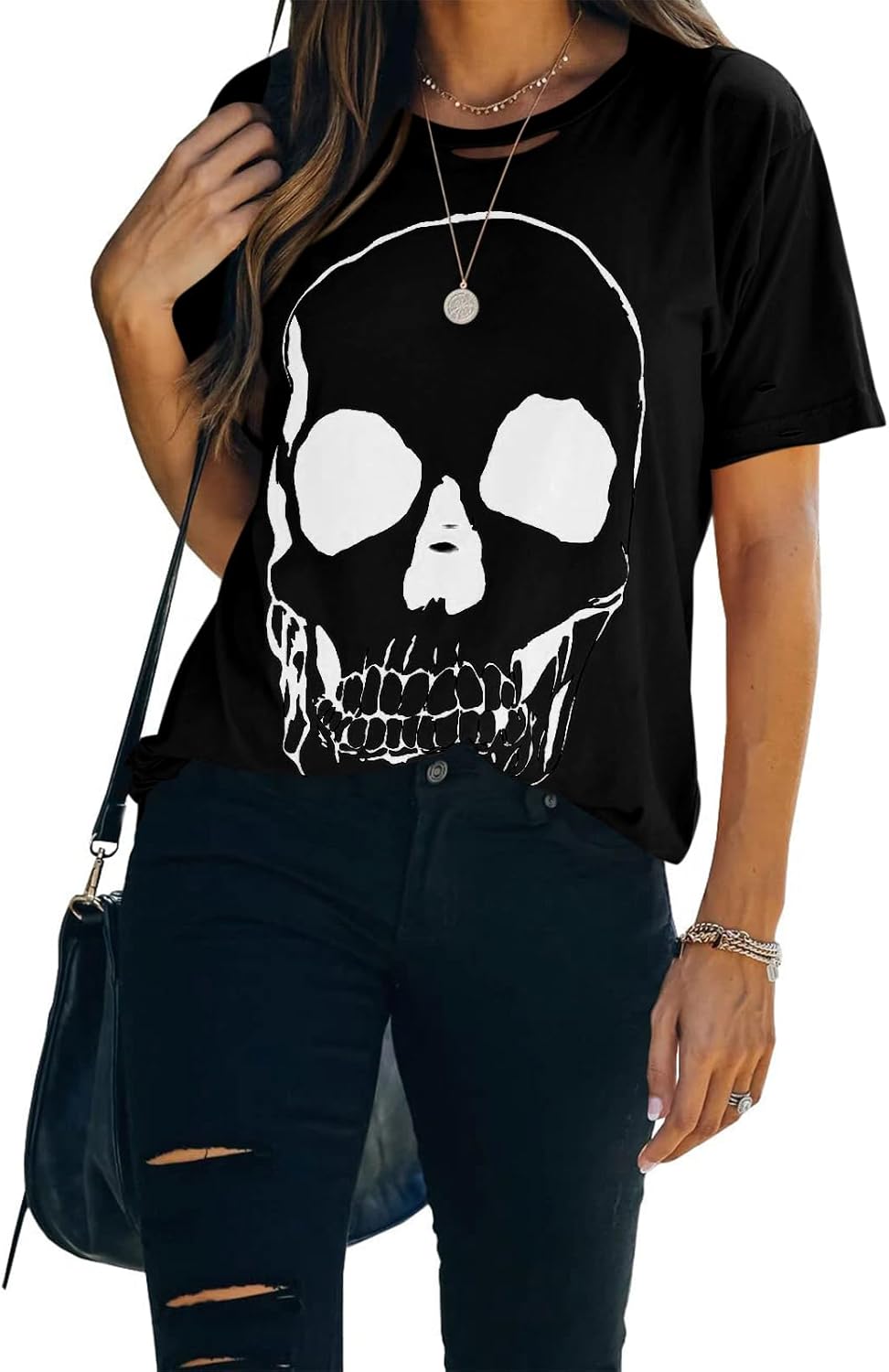 Veatzaer Summer Cotton Graphic Shirts Womens Short Sleeve Crewneck Tees Skull Distressed T Shirt Loose Casual Tops S-XXL