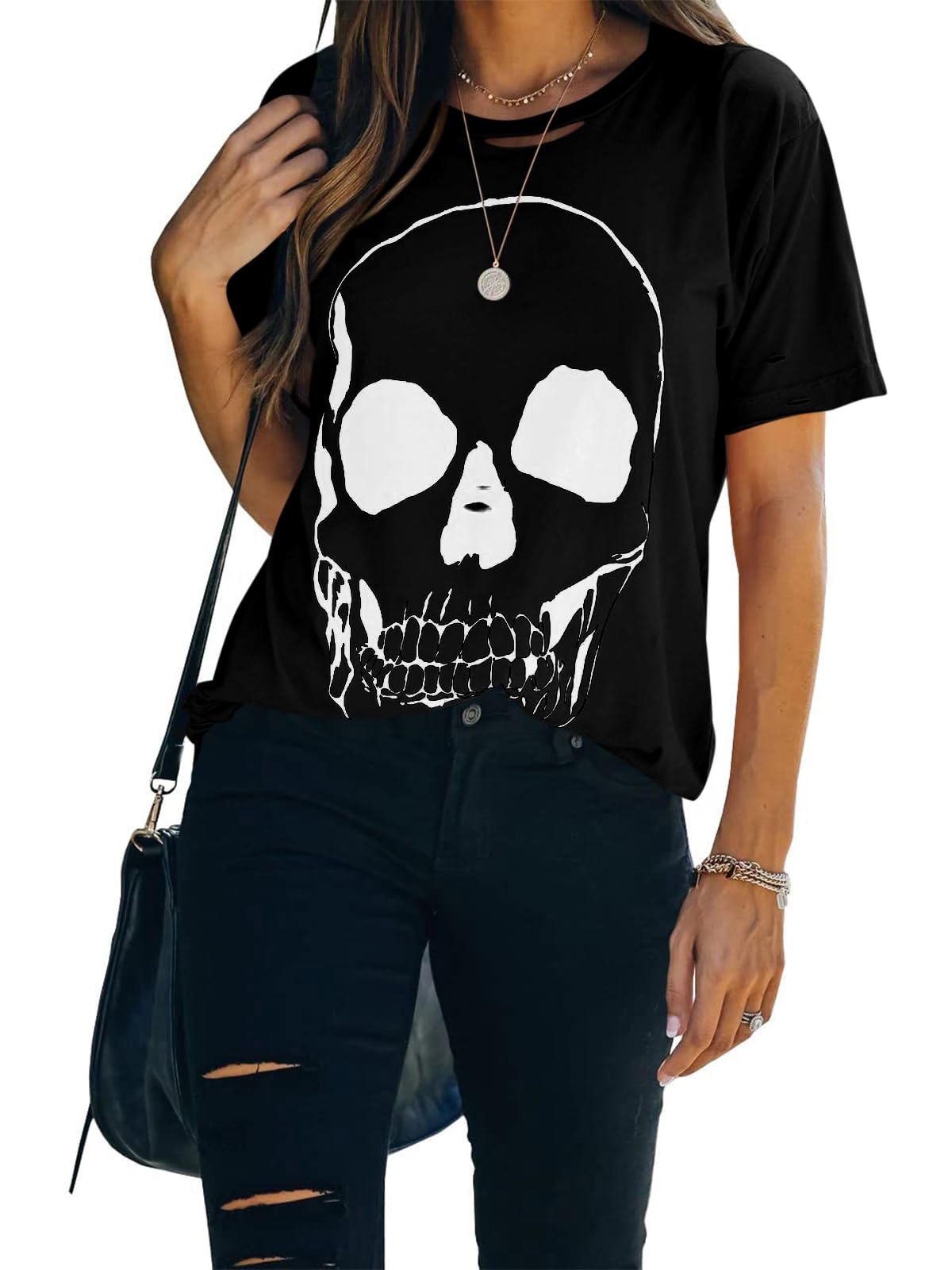 Veatzaer Summer Cotton Graphic Shirts Womens Short Sleeve Crewneck Tees Skull Distressed T Shirt Loose Casual Tops S-XXL
