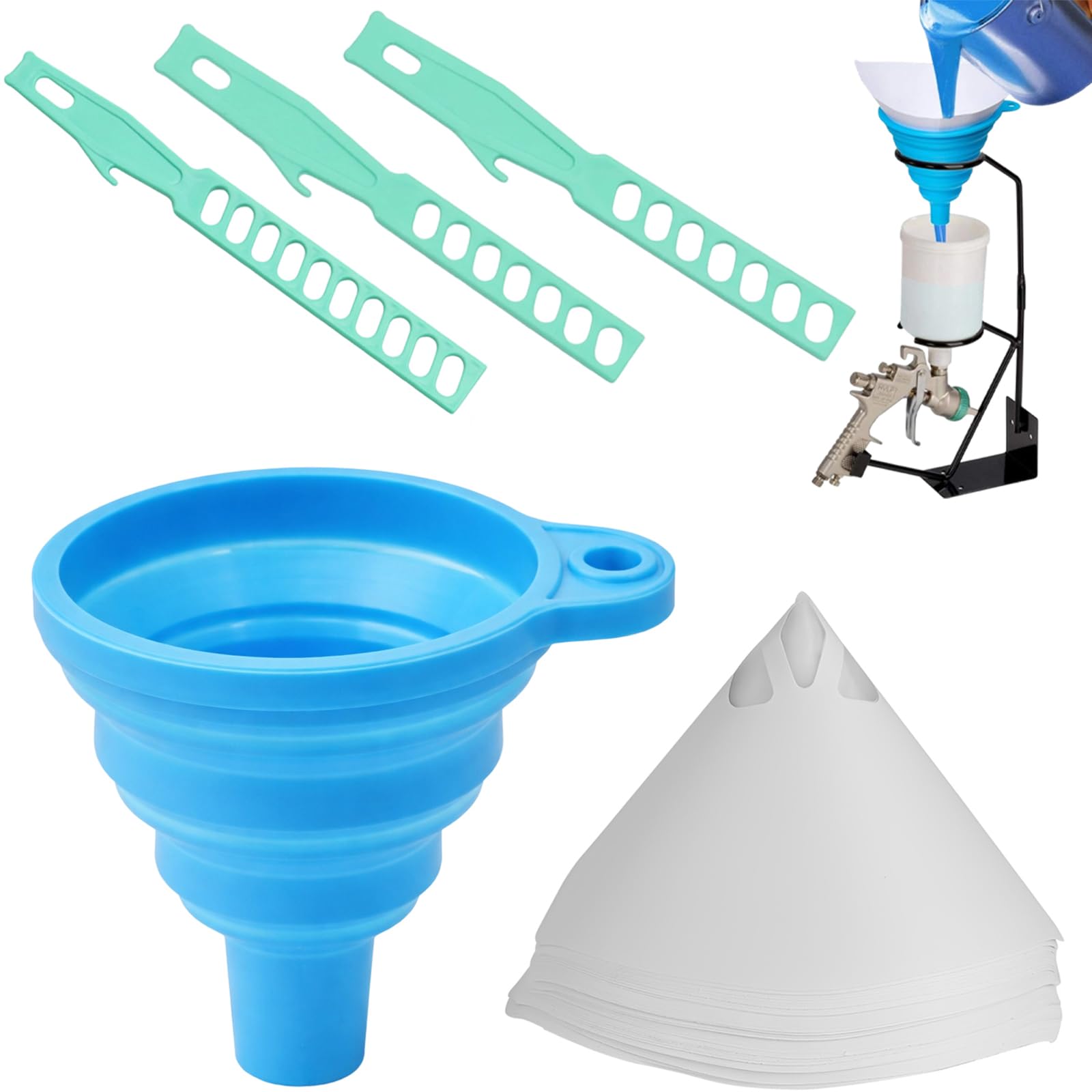 Paint Filters Strainers - 54 Piece 100 Mesh Paint Filter with Silicone Funnel & Stirrers - Includes Paint Filter, Paint Strainer, Funnel and Stir Sticks for Automotive, Art, & DIY Painting ﻿