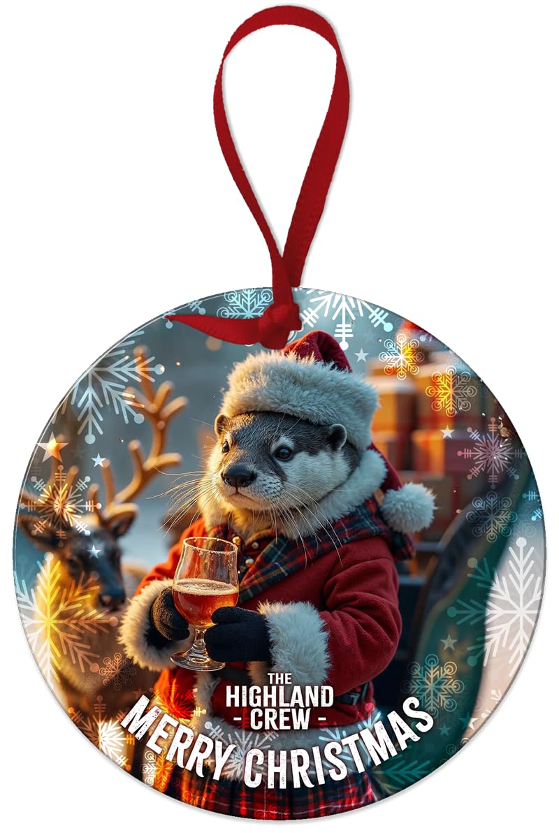 Round Metal Dangler Ornament Sign (75 mm Diameter) - The Highland Crew (Xmas Otter)