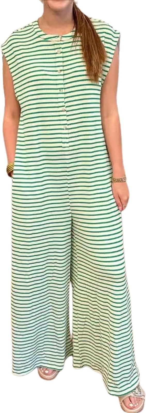 Women's Summer Loose Stripes Romper Cap Sleeve One Piece Jumpsuit Buttons Wide Leg Pants Comfy Baggy Overalls