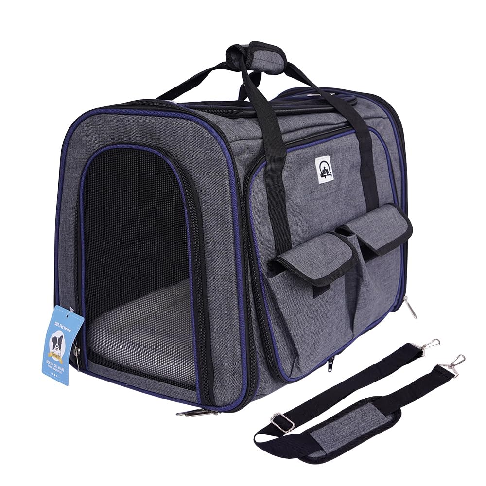 Transportín Perro y Gato Bolso Portaperro Transpirable para Mascota Transportadora de Viaje Ventilación Bolsillos Laterales Dos Puertas con Correa para Coche (Gris, 28x33x42cm)