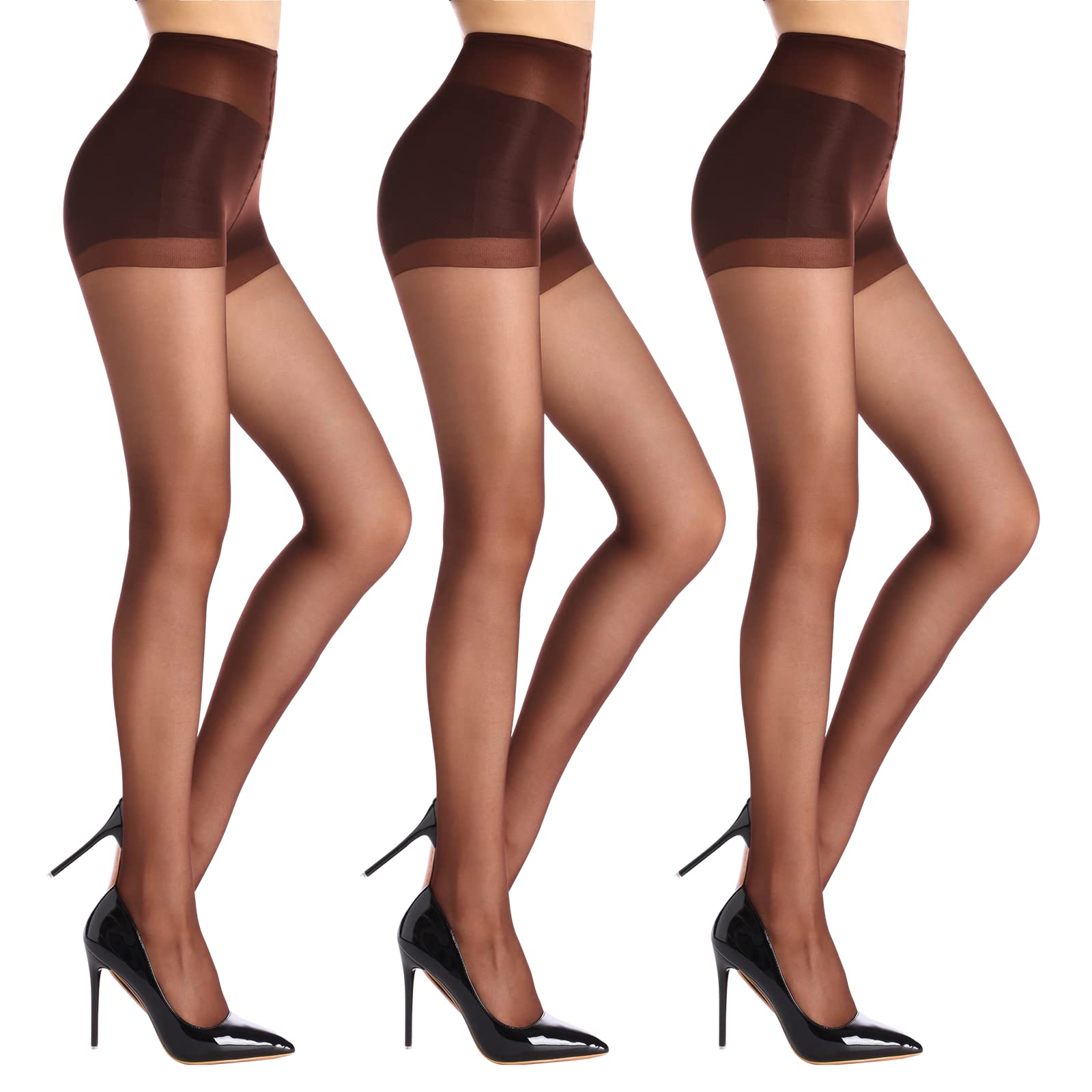 Wajiafar Women's Chocolate 3 Pack Sheer High Waist Tights With Support And Reinforced Toes Pantyhose (, S)