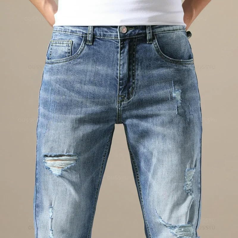 Mens Jeans Slim Fit Skinny Denim Jeans Elastic Ripped Hole Pants Blue Stretch Trousers for Men4