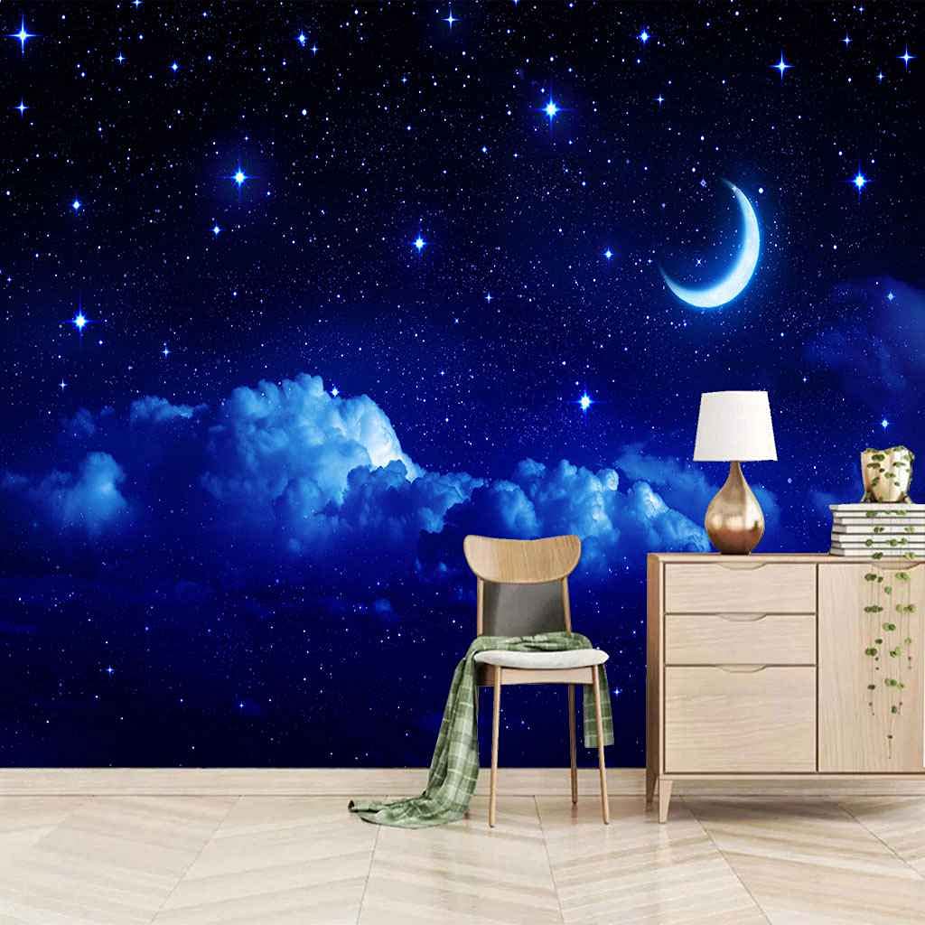 Papier peint 3D effet lune étoilée bleue poster mural géant 200x140cm