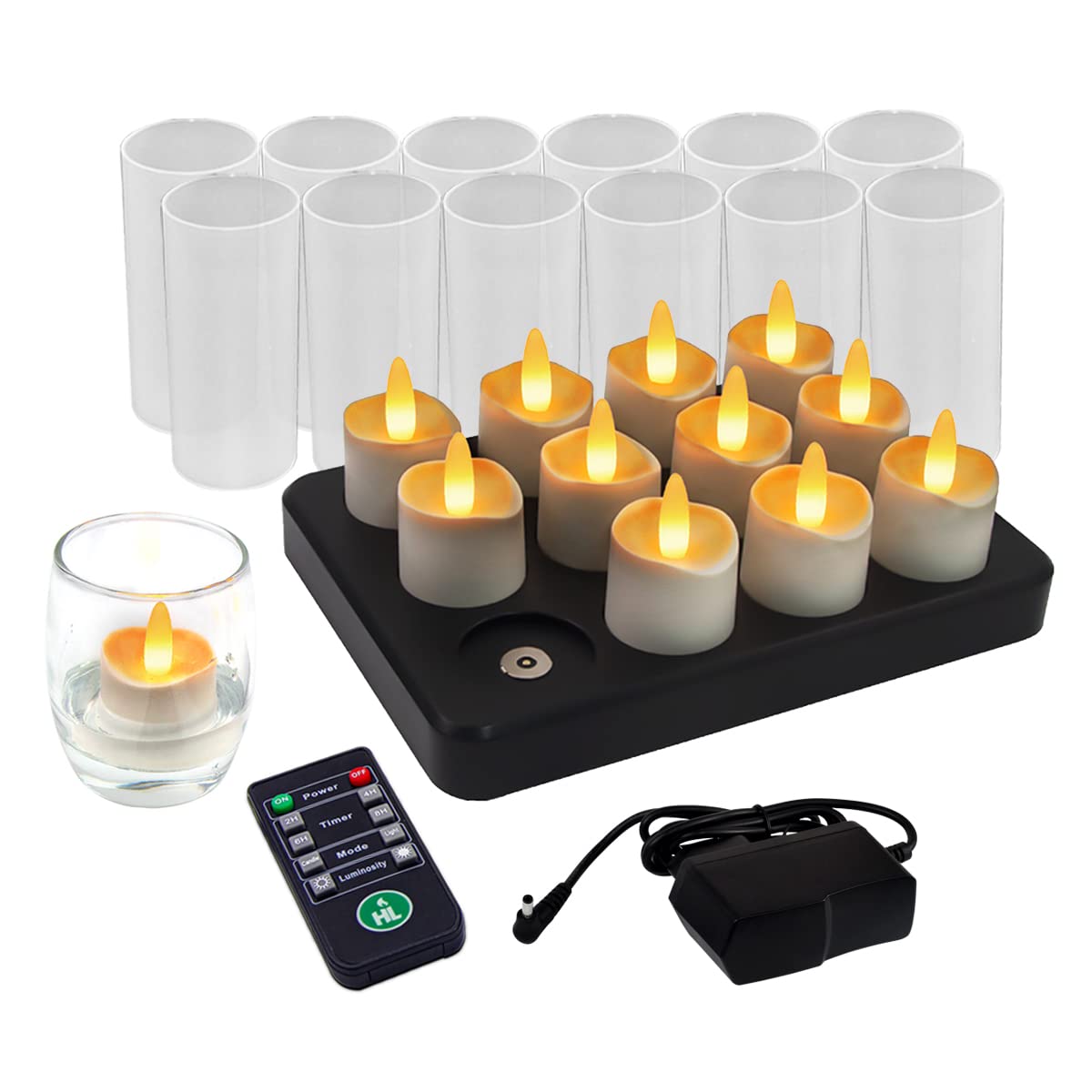 HL Rechargeable Tea Lights Candle,Flameless Candles, Flickering Working 100 Hours Waterproof Tealights with Remote & Timer for Home Party Restaurant Decoration , Amber, 12 Pack