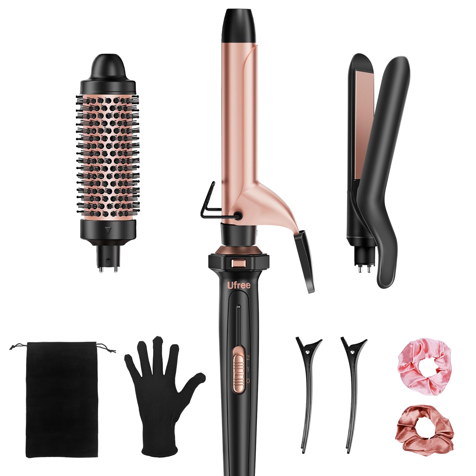 Ufree 3 in 1 Curling Iron, Curling Wand Set with Thermal Brush Flat Iron Hair Straightener, Dual Voltage Wand Curler, Instant Heat Up Hair Curler, Include Protective Glove 2 Clips, Gifts for Women