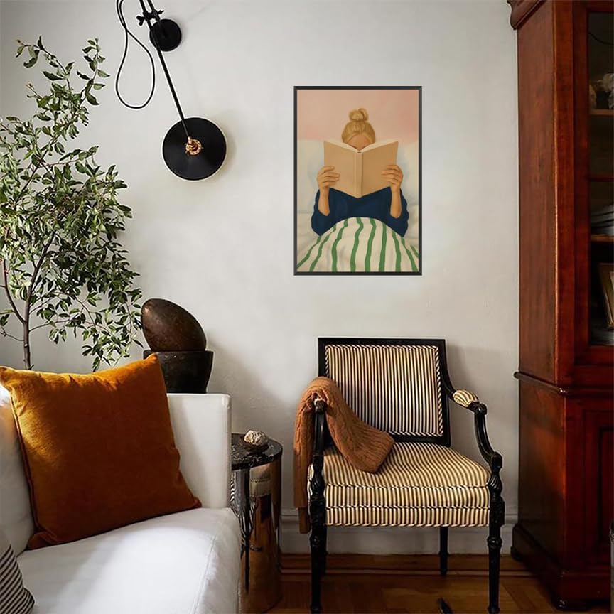 Miniatura 7 de Póster de mujer leyendo en la cama, póster retro para amantes de los libros, arte de pared, minimalista, preppy, pastel, femenino, impresiones