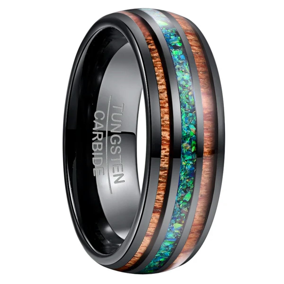 Yahoya Men's As The Picture Comfort Fit 8Mm Natural Acacia Wood Ring With Letter I Love You Green Opal Tungsten Carbide Ring For Name
