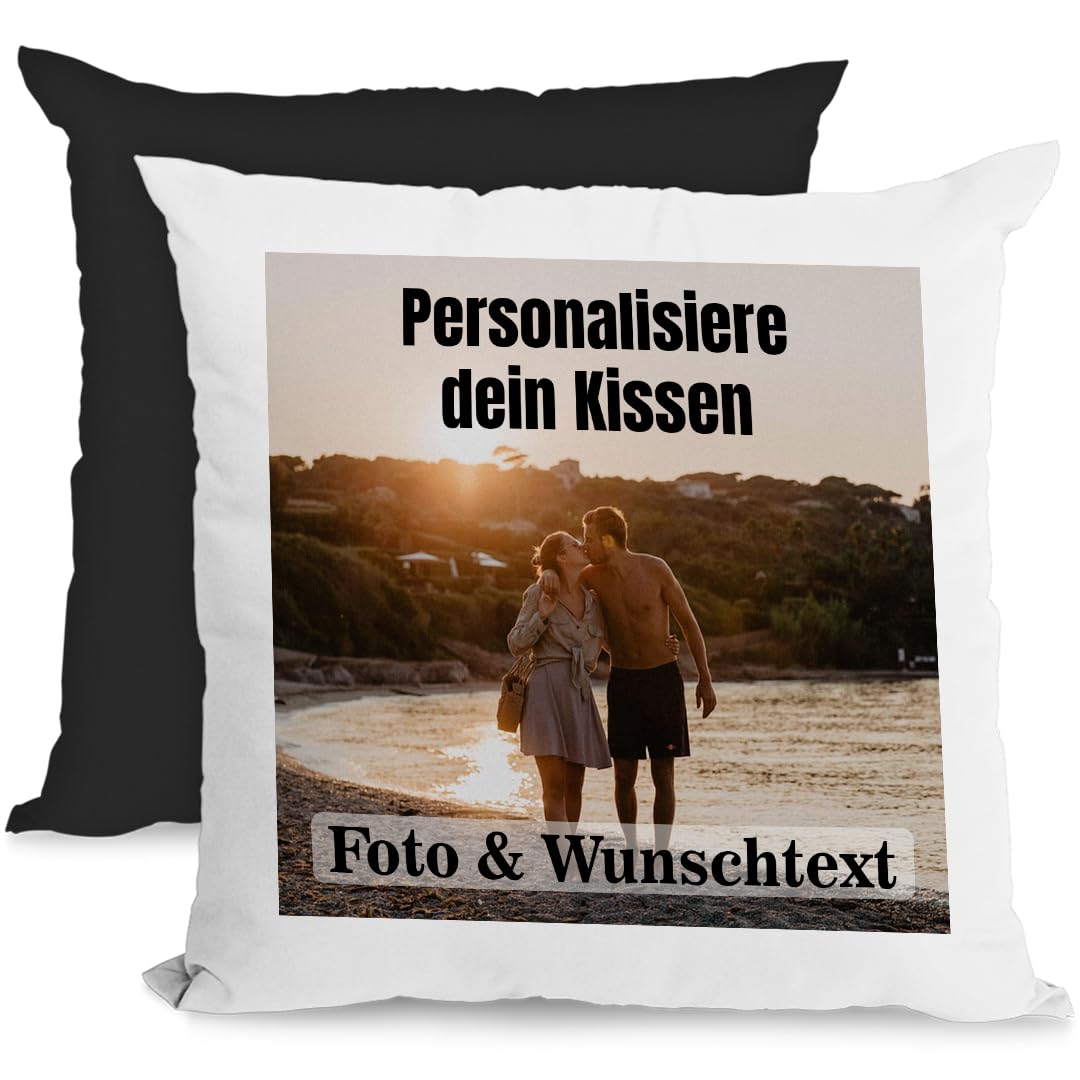 Personalisiertes Kissen 40x40 cm mit Foto & Kissenfüllung – Individuelles Fotokissen mit Bild – Personalisiertes Geschenk für Frauen, Männer & Freundin – Dekokissen & Kuschelkissen, Weiß/Schwarz