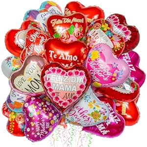 36Pcs Mothers Day Balloons Happy Mom Foil Mylar Day Balloons Mama Red Heart Balloons for for Best Mom Ever Mom Birthday Party Decoration