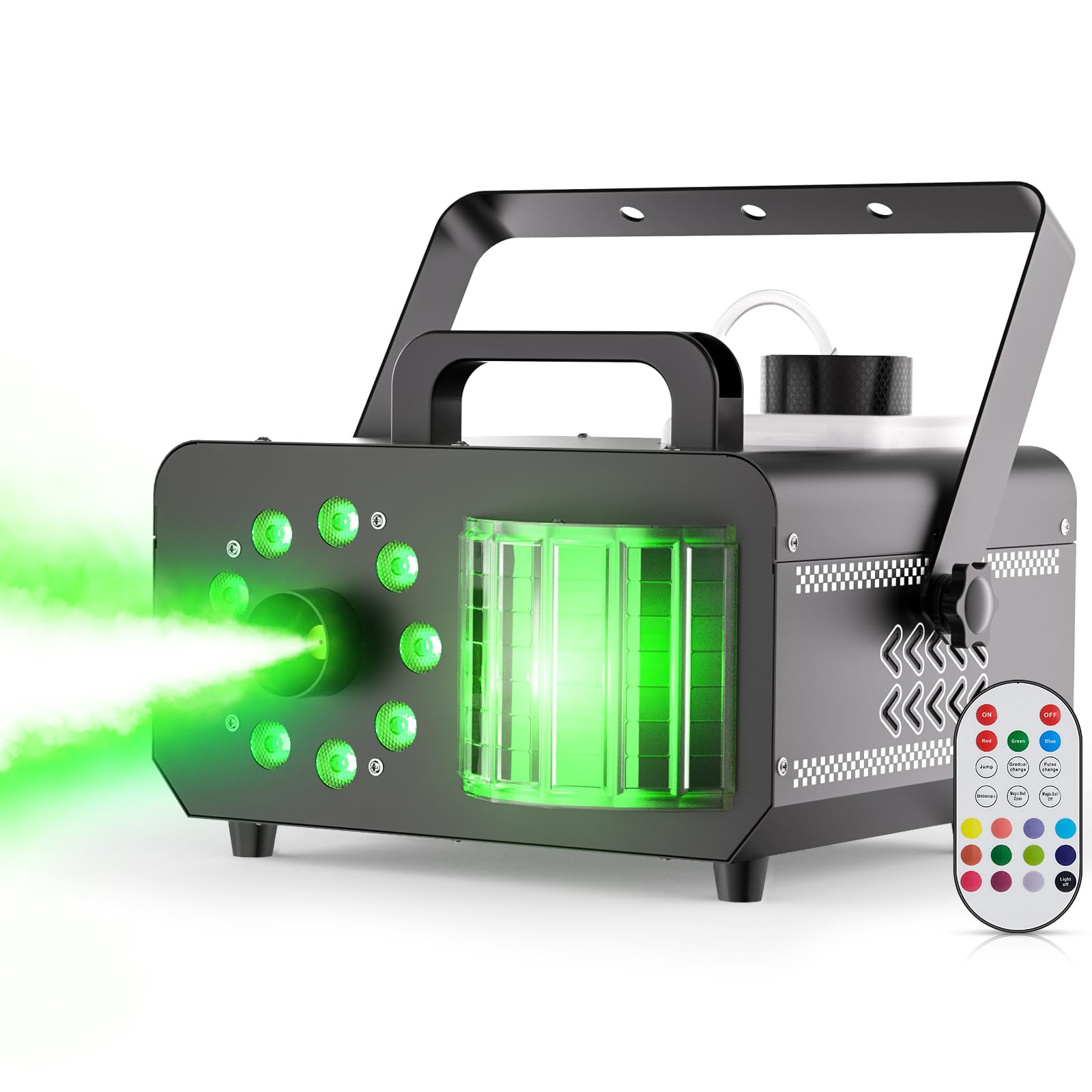 1200W Macchina del Fumo con Telecomando Wireless, Fasci 9 LED RGB Luci da Festa con 14 Colori Statici Capacità di 1L Macchina della Nebbia Stroboscopico per Halloween Matrimoni Natale Palcoscenici